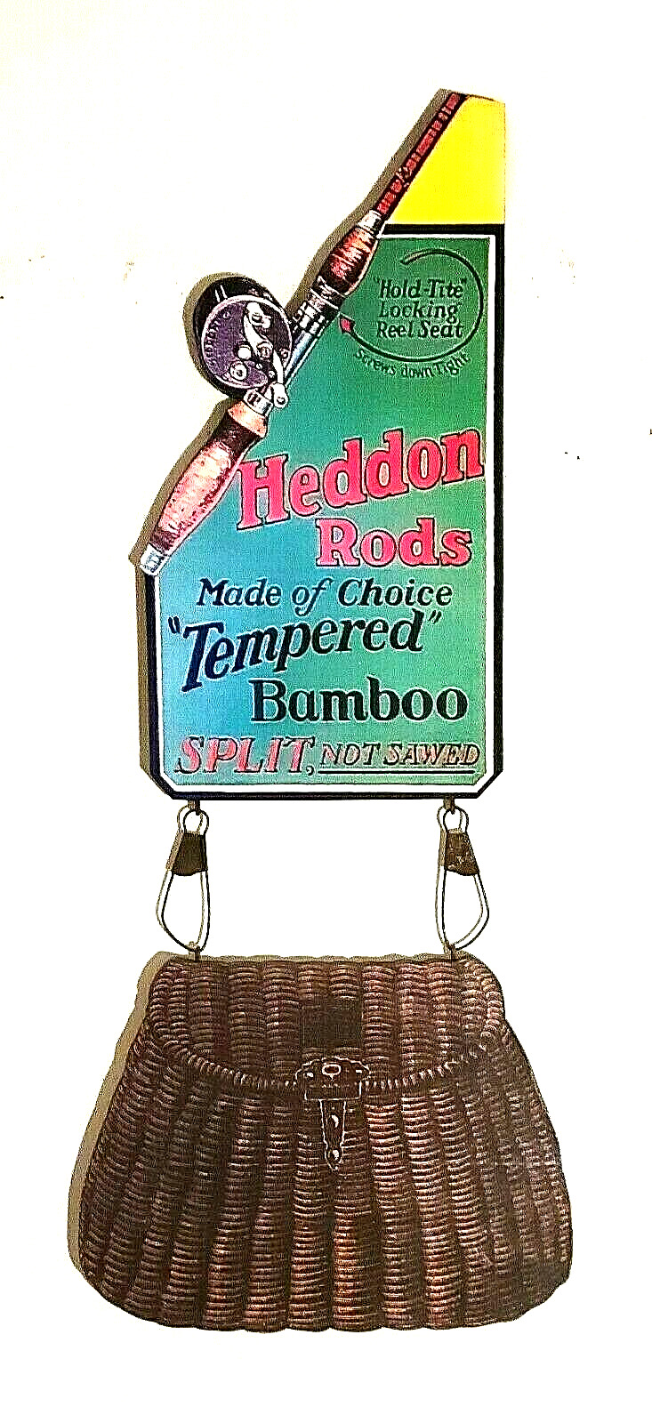 Late 20's Heddon "tempered Rods" Die-cut Sign With A Center Hole Wicker Creel