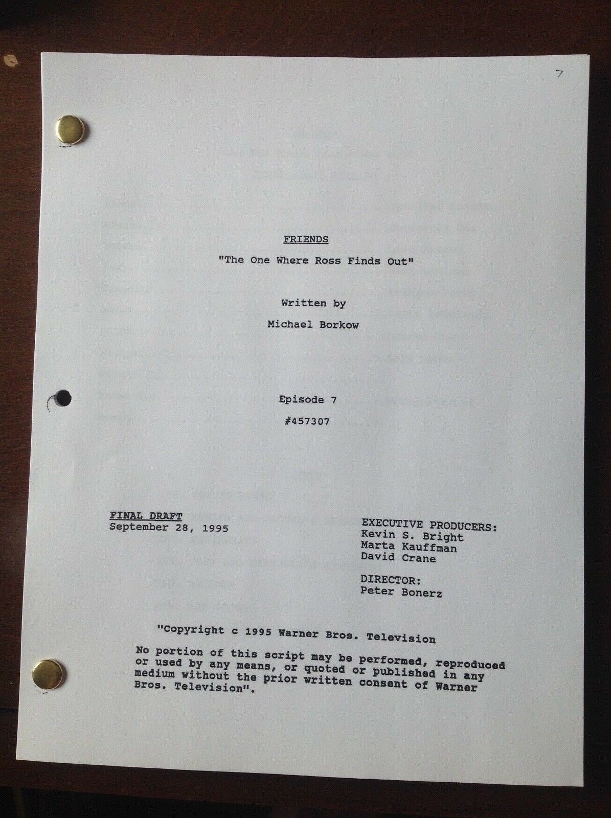 Friends Tv Script “the One Where Ross Finds Out" 9/28/95 Jennifer Anniston