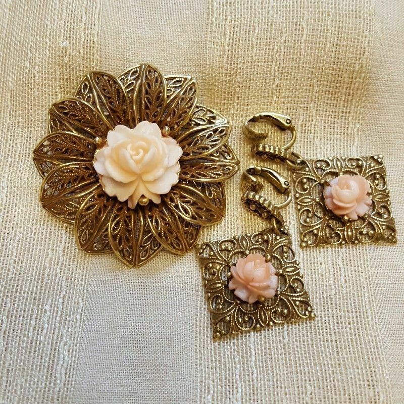 Vintage Rose Flower Brooch Pin Filigree Gold Tone Dangle Clip Earrings Set