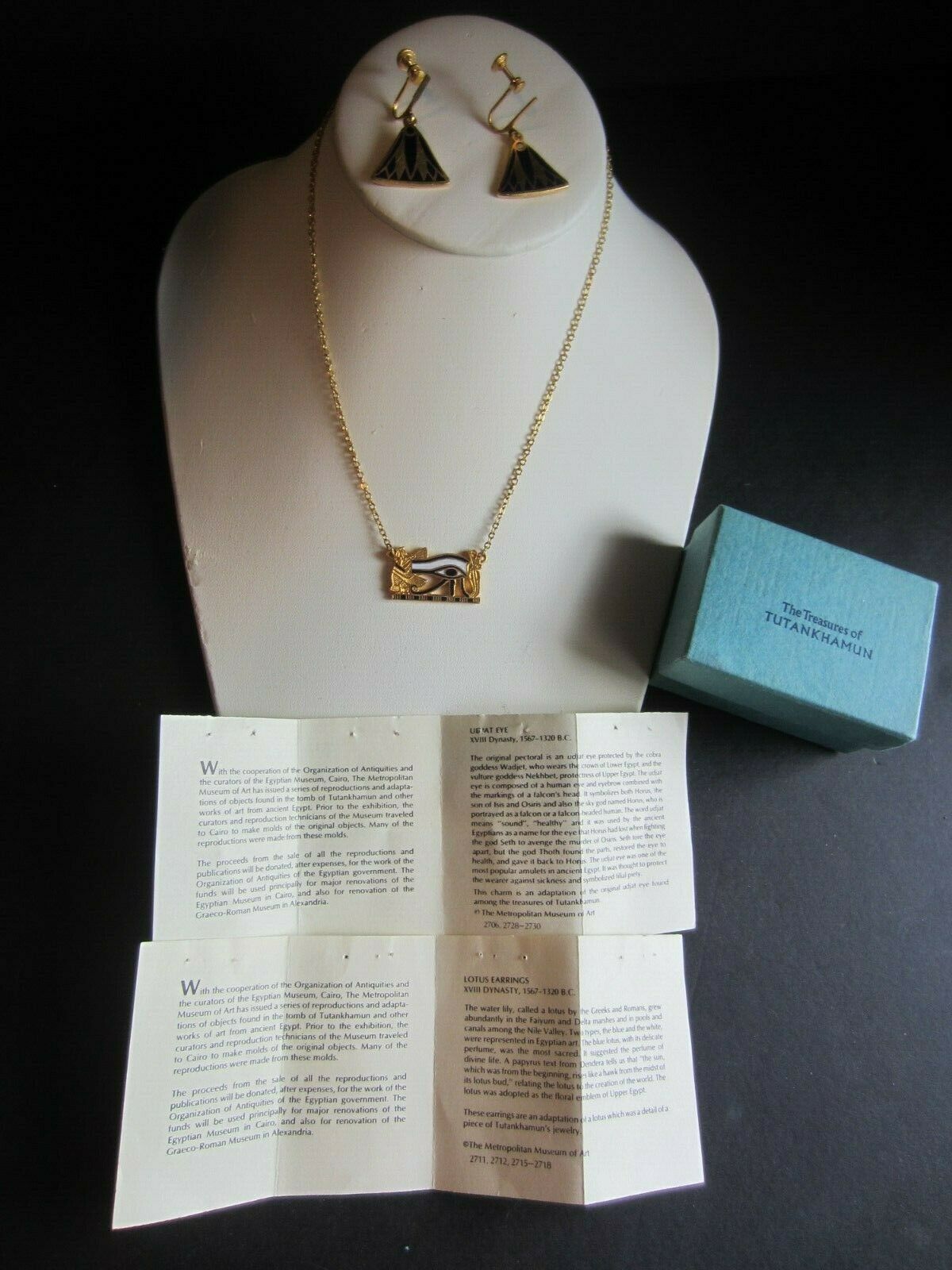 1976 Metropolitan Museum Of Art King Tut Udjat Eye 12k Necklace + Lotus Earrings