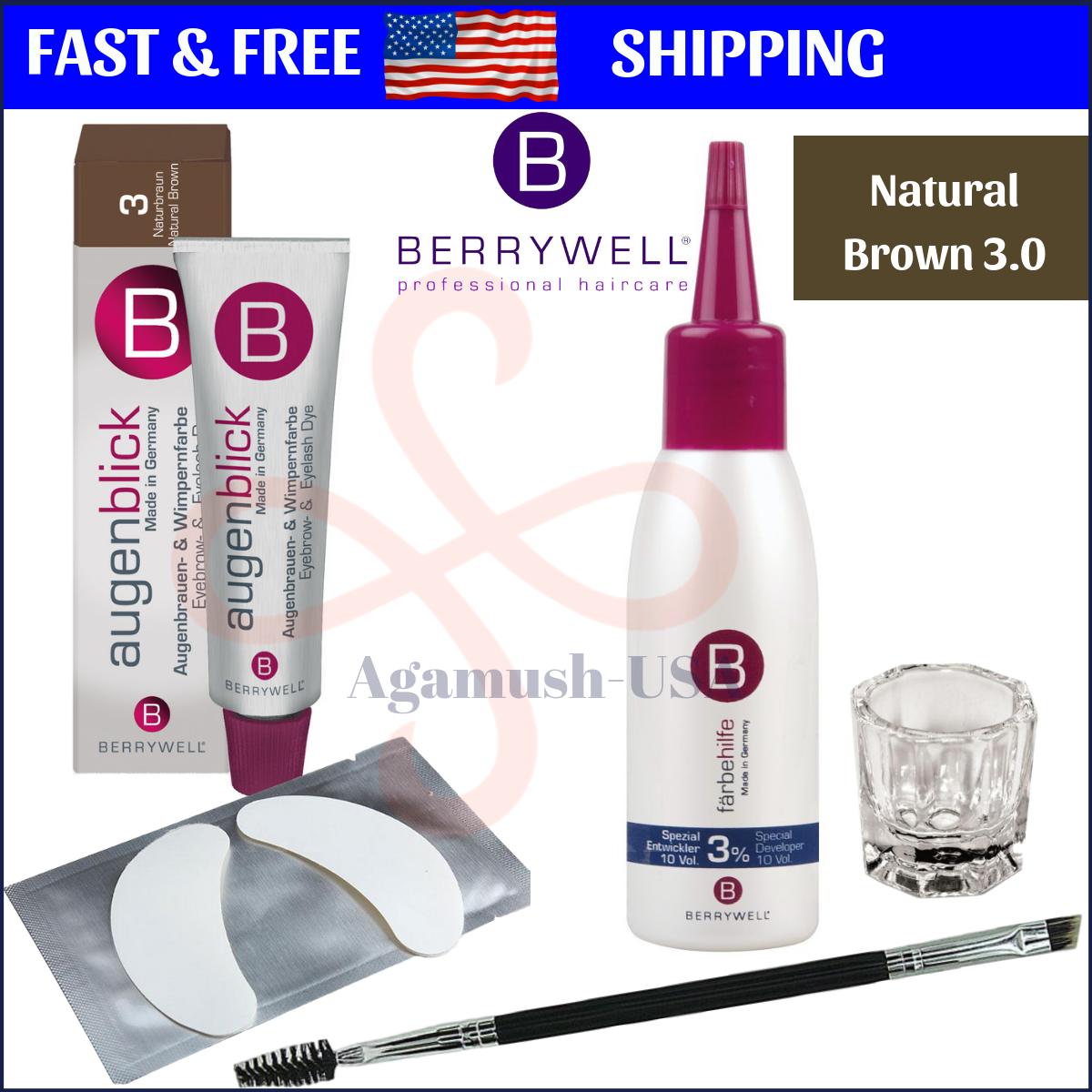 Berrywell 5-pcs Kit: Natural Brown Color 3.0 Eyebrow Eyelash Tint Combo Hair Dye