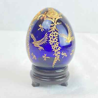 Vintage St. Petersburg Russia Etched Art Glass Egg Gold Inlay Paper Weight