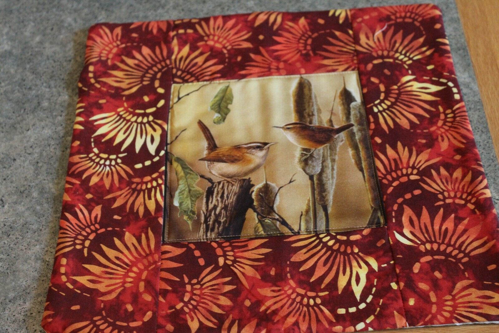 Burgundy Birds Jenny Wren  12 1/2 X 12 1/2 Handmade Quilted Table Runner