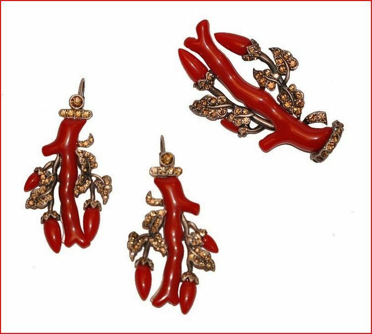 Victorian Repro Silver And Resin Faux Coral Branch Pin And Earrings Set