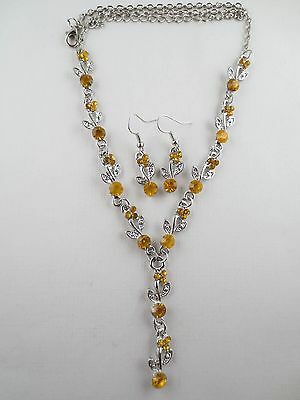 Vintage Style Dangling Topaz Rhinestone Leaf Lariat Necklace Earrings R48