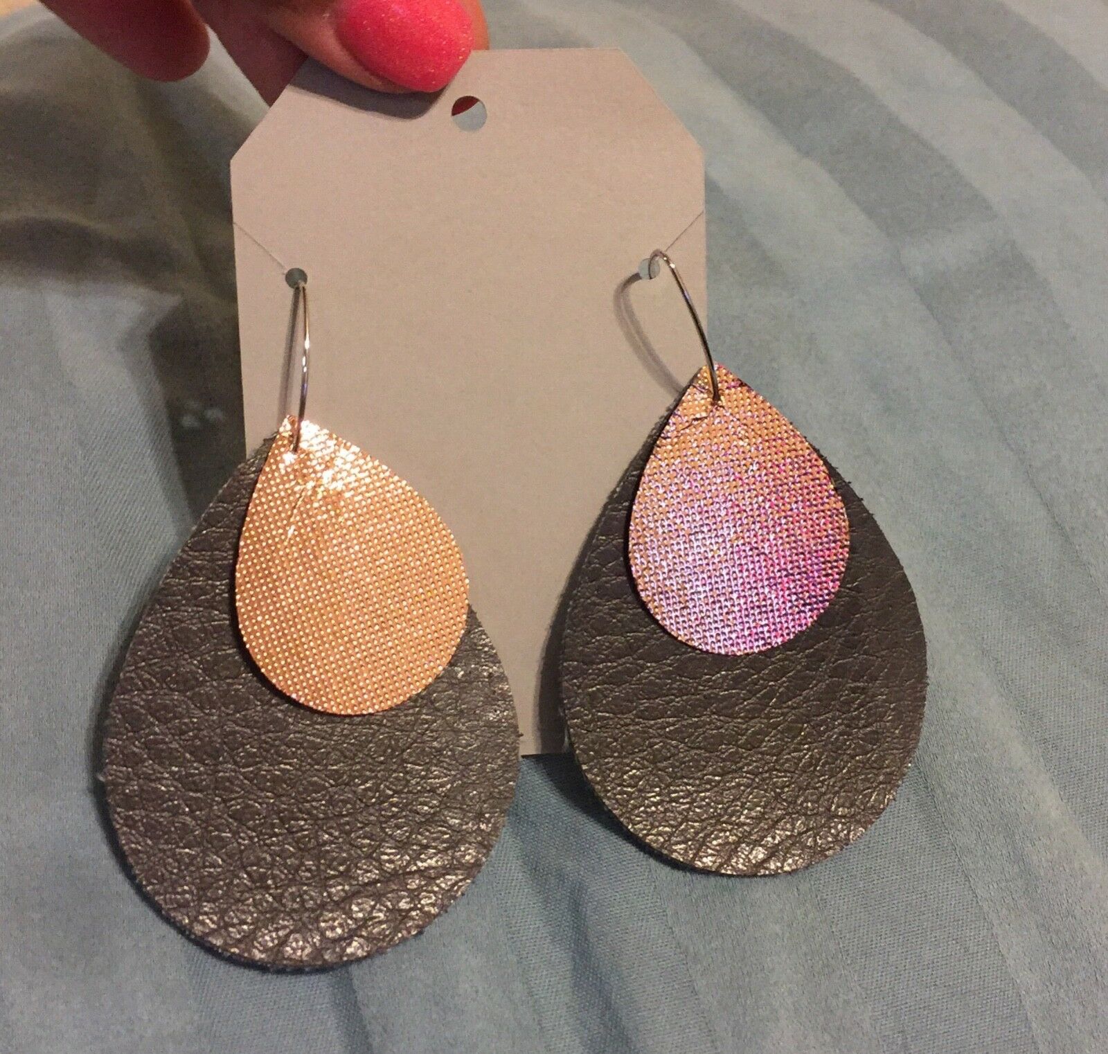Grey And Rose Gold Shimmer Faux Leather, Nickel Free Earrings