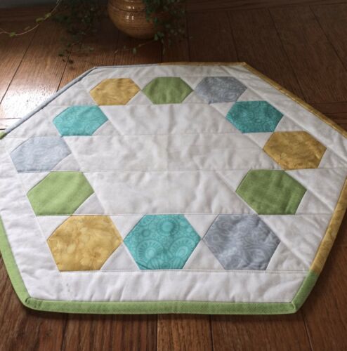 Handmade Quilted Table Mat, Hexagon 21” Table Decor