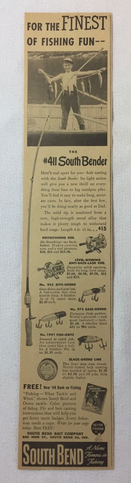 1948 South Bend Fishing Ad~south Bender,perfectoreno Reel, Several Lures, More