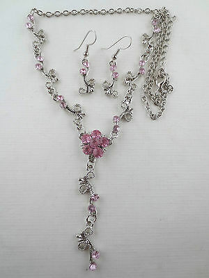 Vintage Style Dangling Pink Rhinestone Flower Lariat Necklace Earrings R51