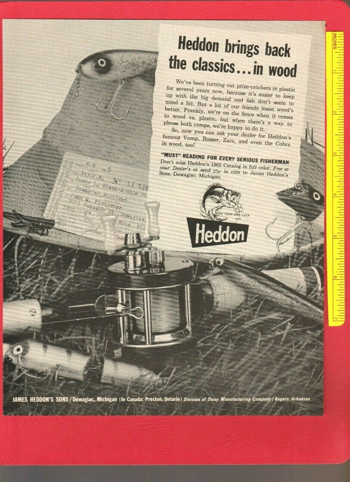 Vintage Original 1965 Heddon Ad Classics Vamp, Basser, Zara, Cobra Wood Lures!