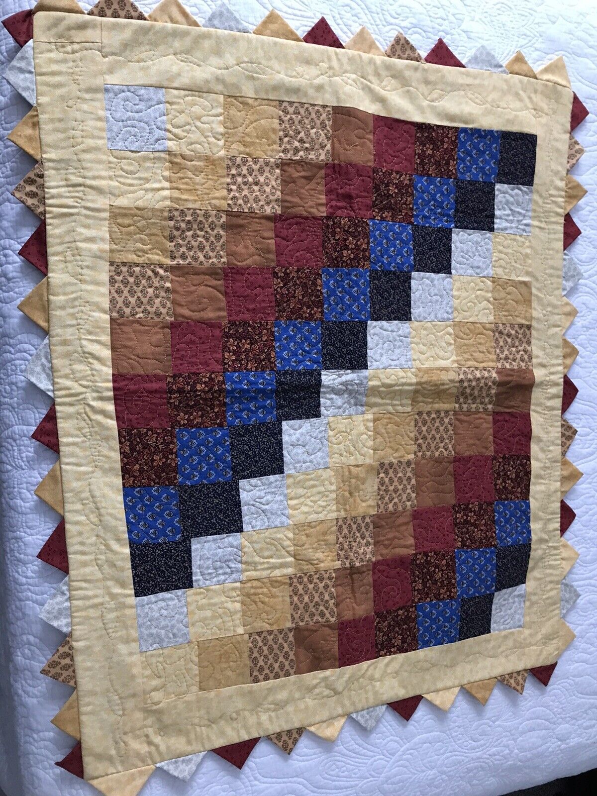 Quilt, Handmade Quilted Table Topper With Prairie Points, In Warm Colors